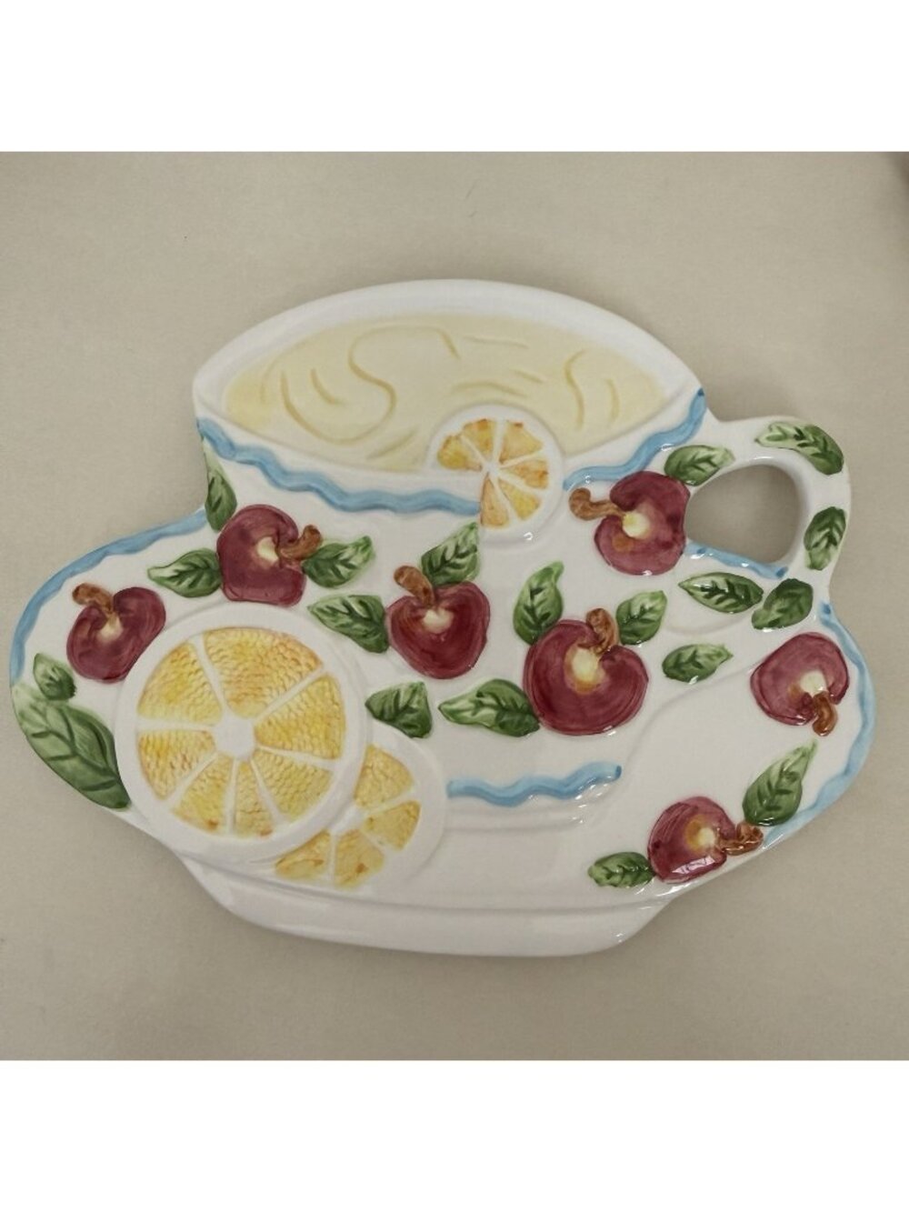 Ceramic Teacup Decorative Accent with Lemons and Cherries Wall Hanging.